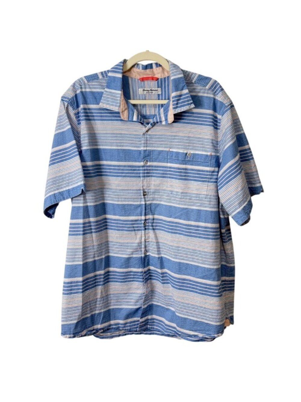 Tommy Bahama Mens XL Nova Wave Camp Shirt Blue Strip Short Sleeve Seersucker